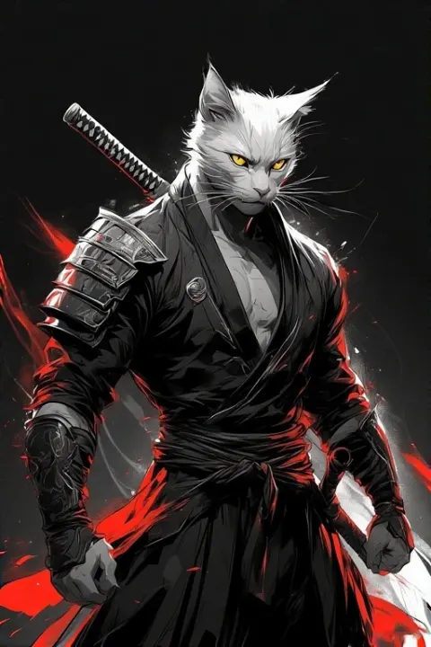 Samurai Cat Black White