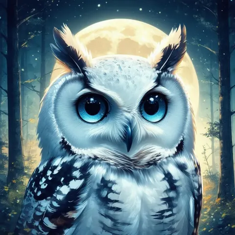 Wide Eyed Manga Owl in Moonlit Forest