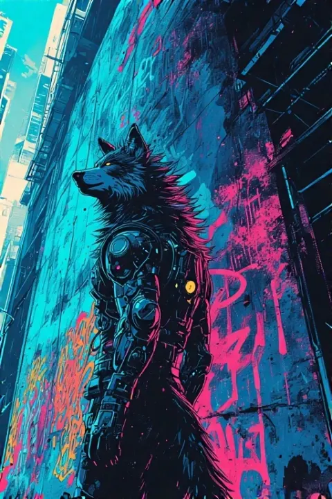 Cyberpunk Wolf Graffiti Wall