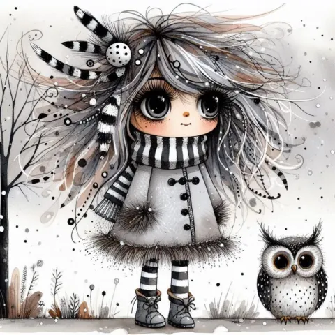 Whimsical Girl with Messy Hair and Owl