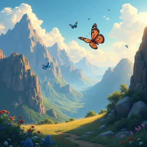 Blue Butterflies Drift Over Anime Mountains