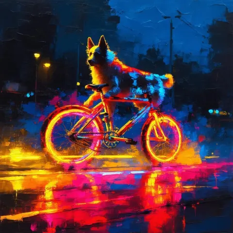 Dog Rides a Neon Bike Through Night