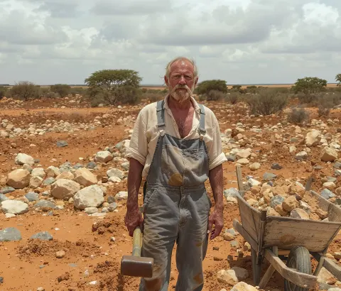 Farmer Hauling Rocks Wheelbarrow