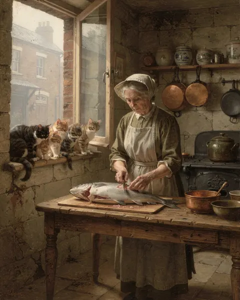 Victorian Kitchen Cats Watching Fish