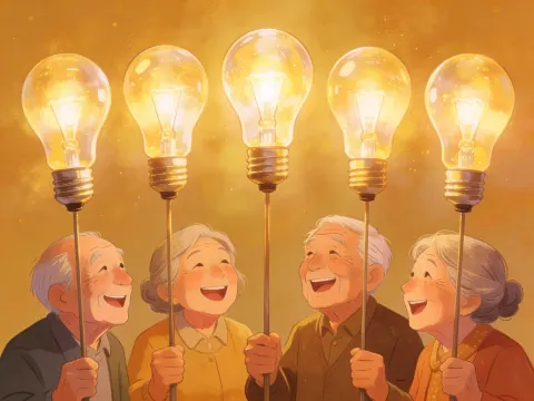 Elderly Friends Holding Light Bulbs