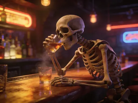 Skeleton Drinking At Dim Bar