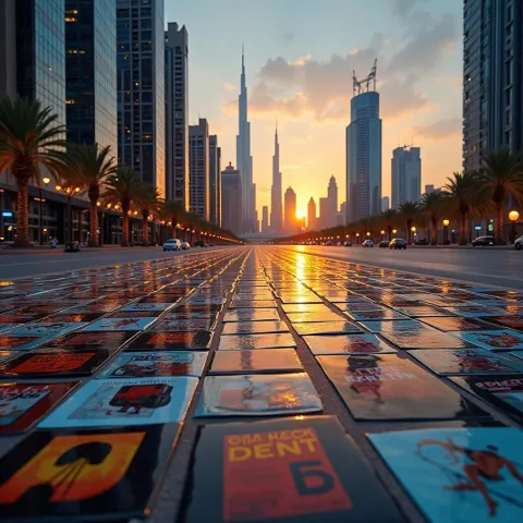 Album Cover Collage Against Dubai Dusk Skyline