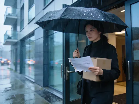 Woman Leaving Building In Rain