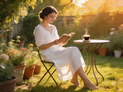 Woman Reading In Sunny Backyard