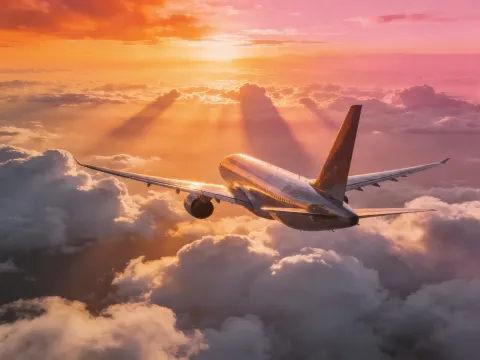 Airplane Above Clouds At Sunset