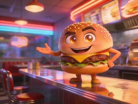 Pixar Style Cheeseburger Character