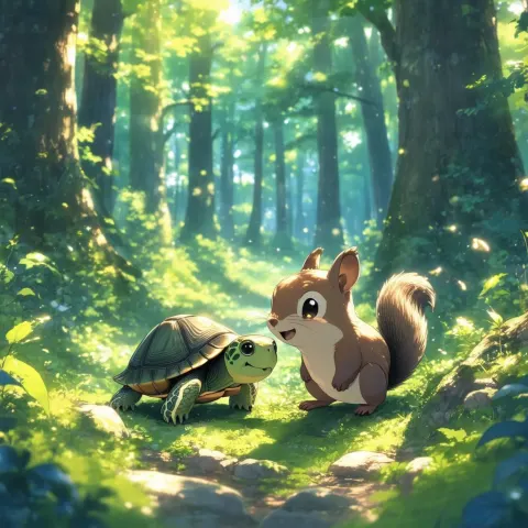 Turtle and Squirrel Friends in Ghibli Forest