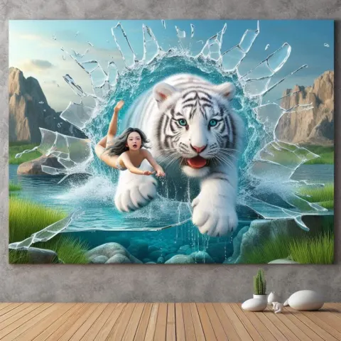 Whimsical Lady Swimming With Tiger Cub
