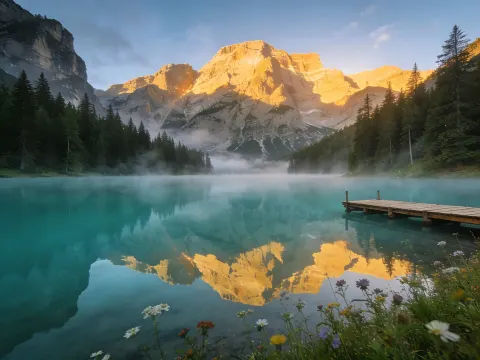 Dolomites Lake Mirrored At Sunrise