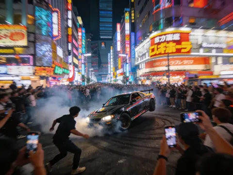 Car Drifting Through Japanese Crowd