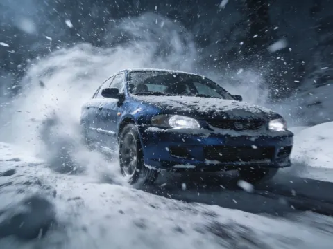 Blue Car Driving Through Snowstorm
