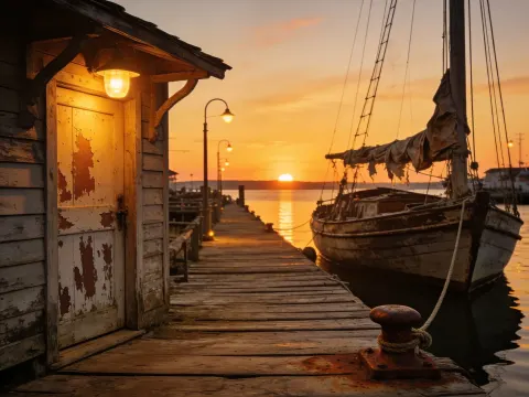 Old Sailboat At Rustic Wharf