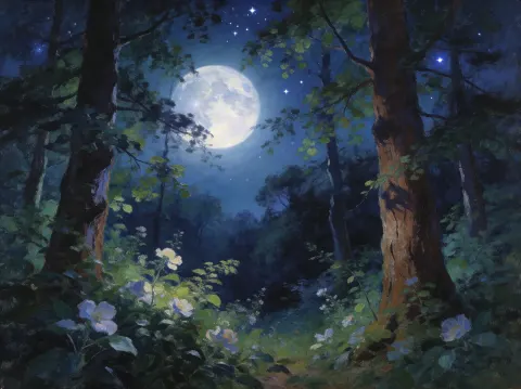Moonlit Forest Oil Painting
