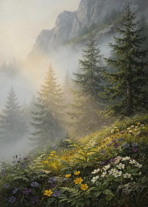 Foggy Coniferous Mountain Forest