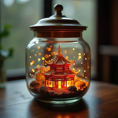 Chinese Temple Cradled in a Glass Jar