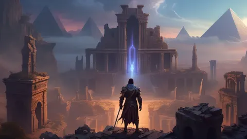 Hero In Ruined City At Sunset