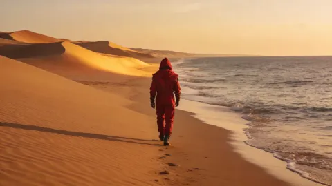 Man In Red Hood Walking Beach