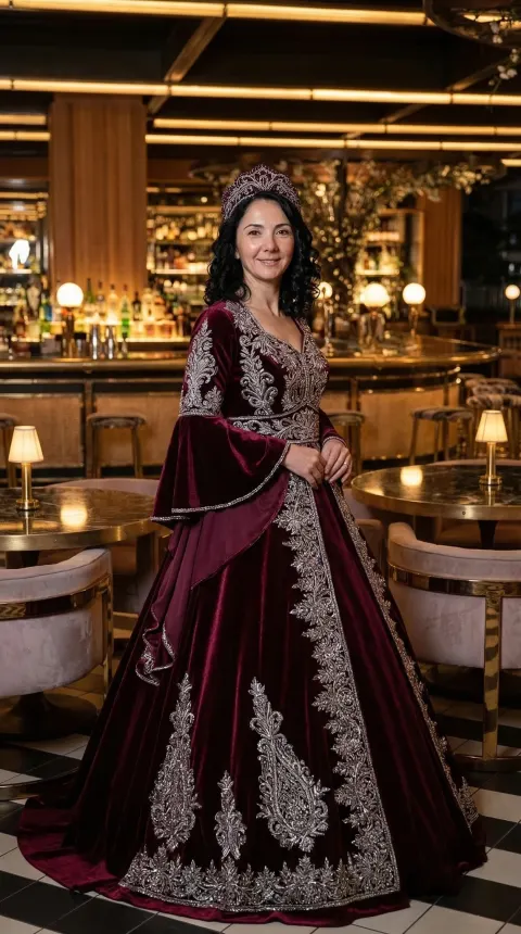 Woman In Burgundy Embroidered Gown