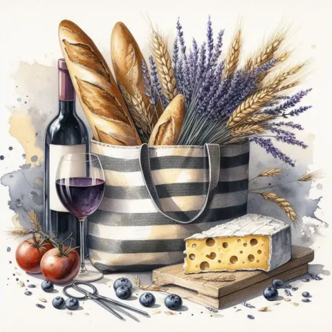 Rustic Tote Bag with Baguettes and Wine