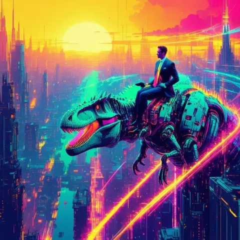 Businessman Rides a Neon Drenched Dinosaur