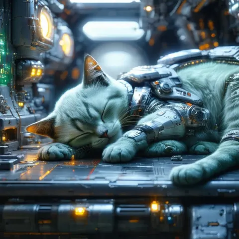 Alien Space Cat Asleep on Spaceport Workbench