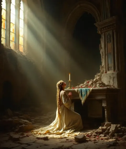 Woman Kneeling In Ruined Cathedral