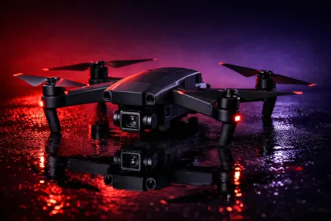 Matte Black Drone On Wet Asphalt