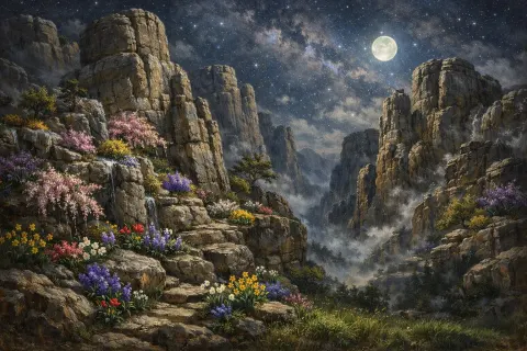 Moonlit Stone Formations At Night