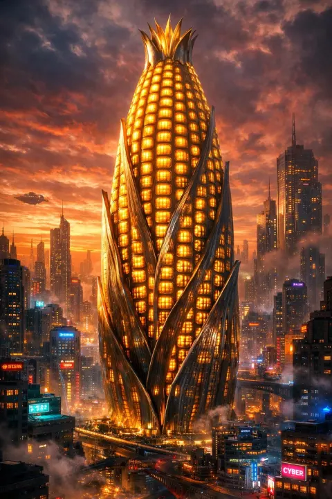 Maize Shaped Skyscraper Cyberpunk