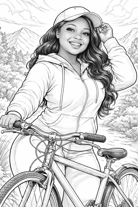 Woman With Bicycle Coloring Page