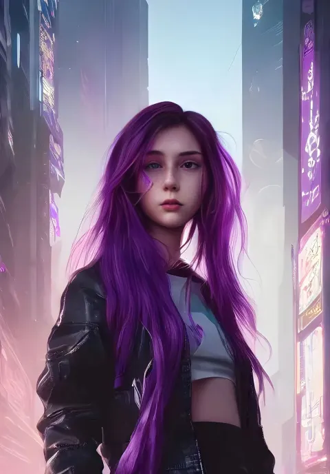 Purple Haired Girl Cyberpunk City