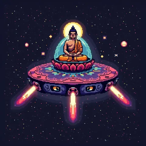 Buddhist Spaceship in Blocky 8 Bit Glow