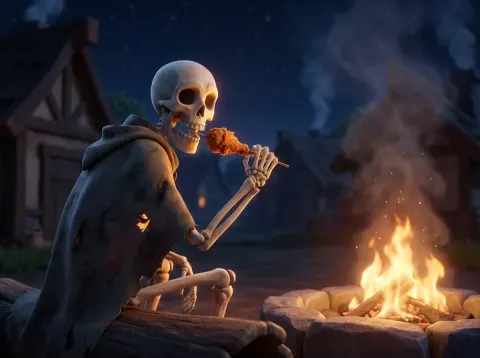 Skeleton Eating By The Fire