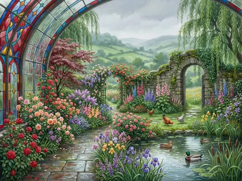 Rain Soaked Country Rose Garden