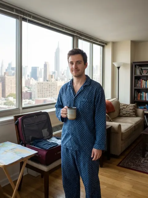 Man In Blue Pajamas At Home