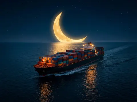 Cargo Ship Under Crescent Moon