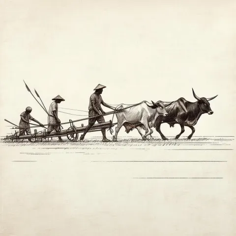Peasants Plough With Oxen in Whiteboard Lines