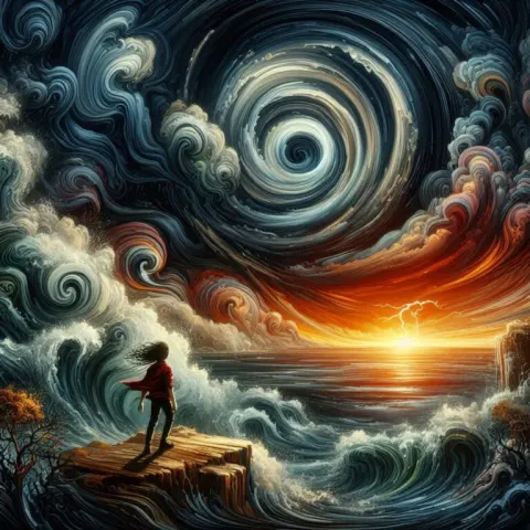Boy Watching Hurricane Over Ocean Sunset