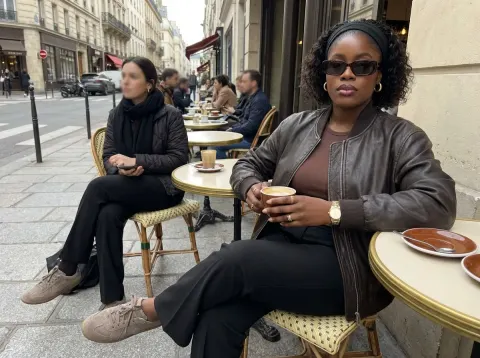 Woman In Leather Bomber At Cafe