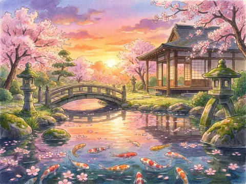 Japanese Garden With Koi Pond