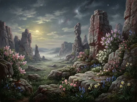 Springtime Plateau With Stone Spires