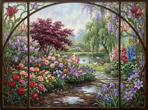 Art Nouveau Window Over Rose Garden