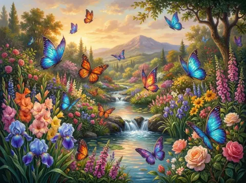 Iridescent Butterflies In A Garden