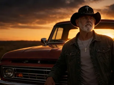 Rugged Man Beside Red Pickup
