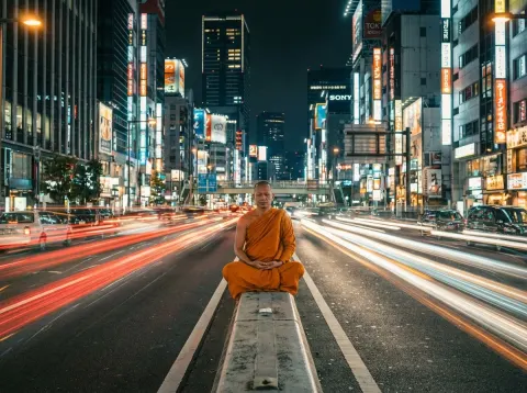 Monk Meditating On A Highway